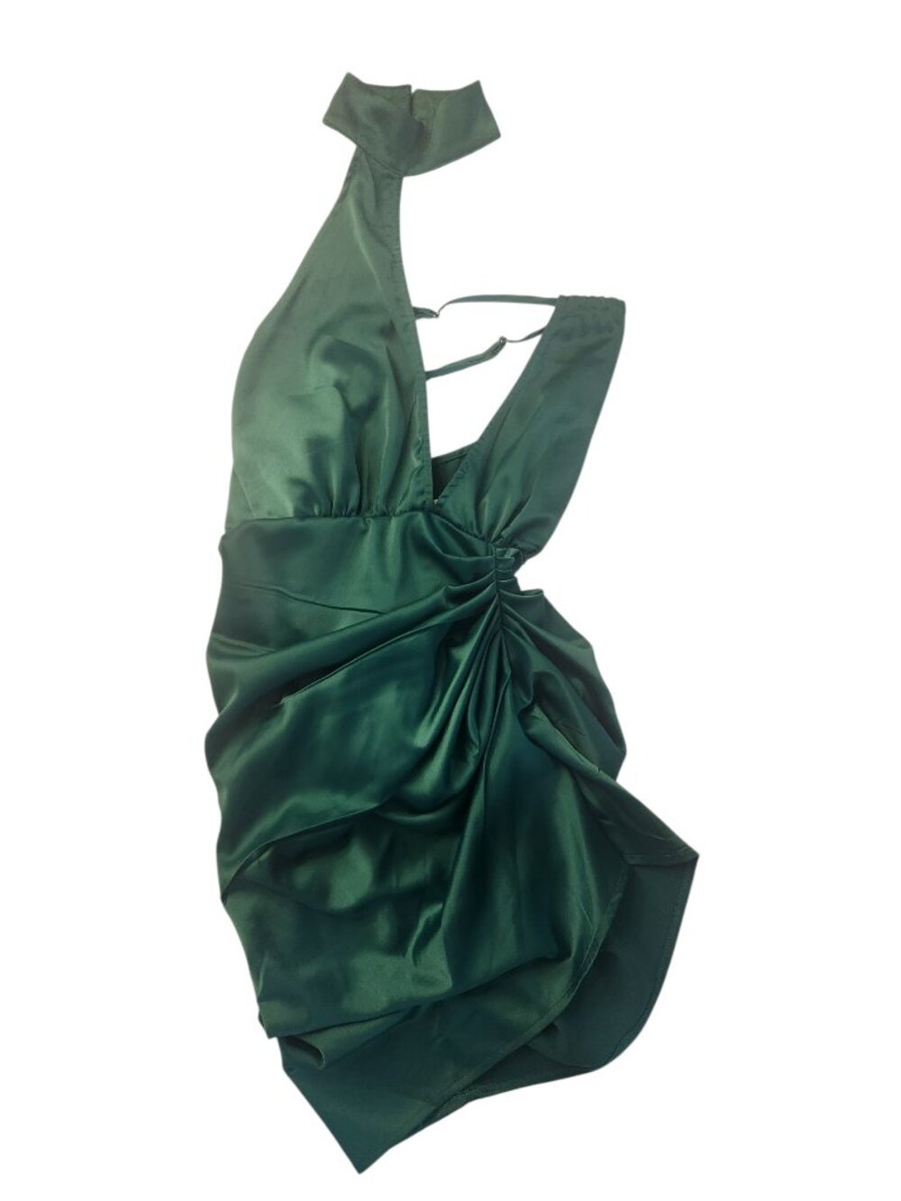 PrettyLittleThing Forest Green Mini Dress Size 6 Asymmetrical Ruched Halter Neck